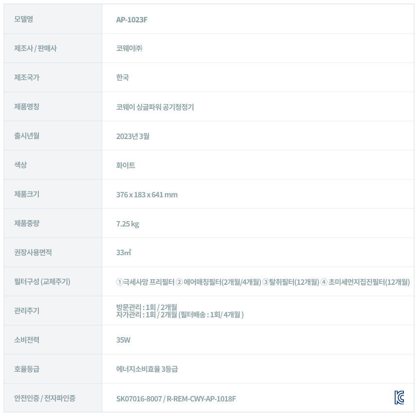 코웨이 AP-1023F 코웨이 싱글파워 공기청정기 상세이미지 22