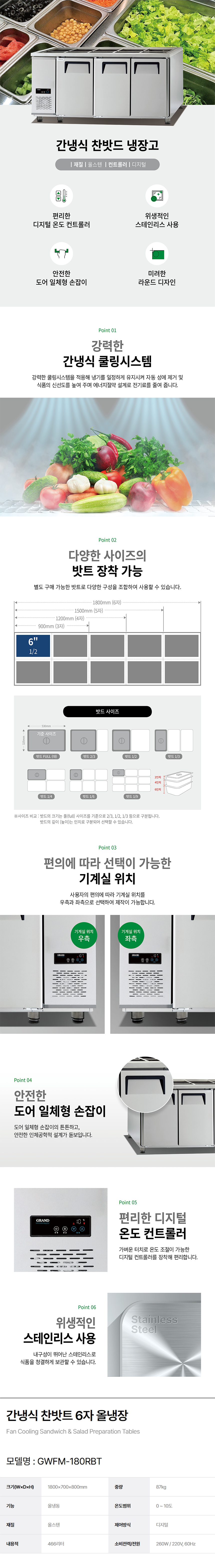 동양렌탈 GWFM-180RBT 그랜드우성 업소용 간냉식 6자 올냉장 찬밧트 반찬 냉장고 상세이미지 1