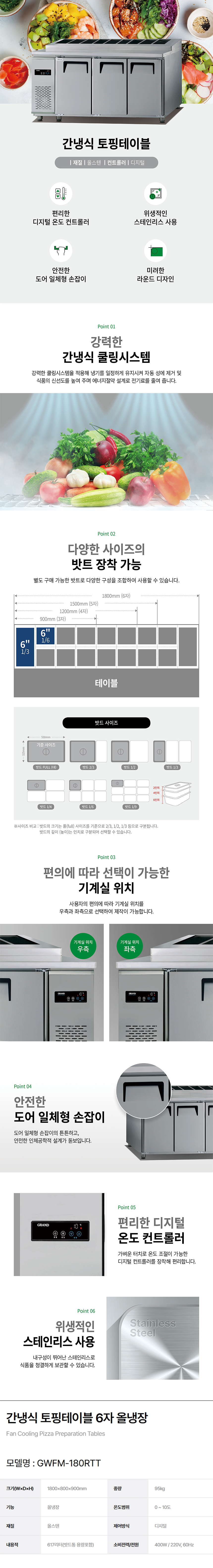 동양렌탈 GWFM-180RTT 그랜드우성 업소용 간냉식 6자 올냉장 피자 김밥 토핑테이블 냉장고 상세이미지 1