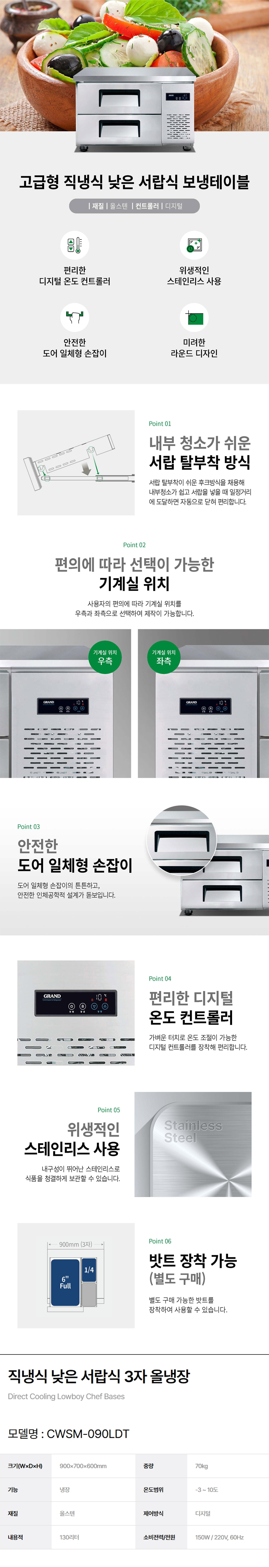 동양렌탈 CWSM-090LDT 그랜드우성 업소용 직냉식 올냉장 3자 낮은 서랍식 냉장고 상세이미지 1
