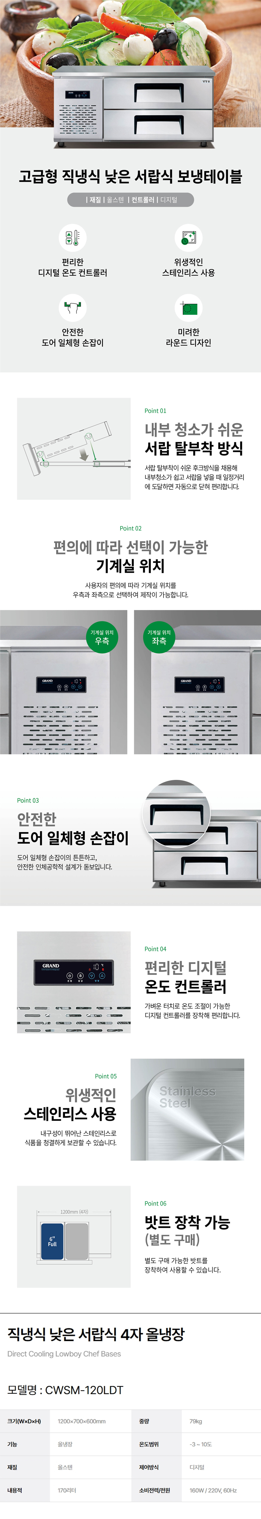 동양렌탈 CWSM-120LDT 그랜드우성 업소용 직냉식 올냉장 4자 낮은 서랍식 냉장고 상세이미지 1