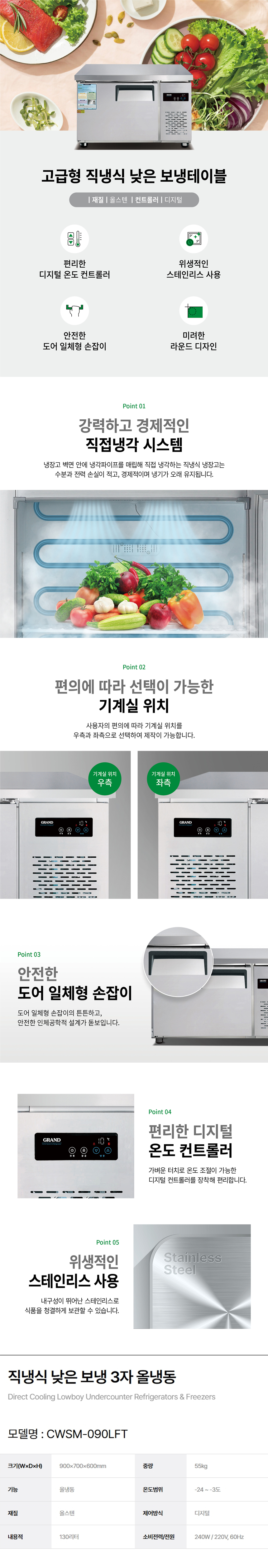 동양렌탈 CWSM-090LFT 그랜드우성 3자 업소용 직냉식 올냉동 낮은 보냉테이블 냉장고 상세이미지 1