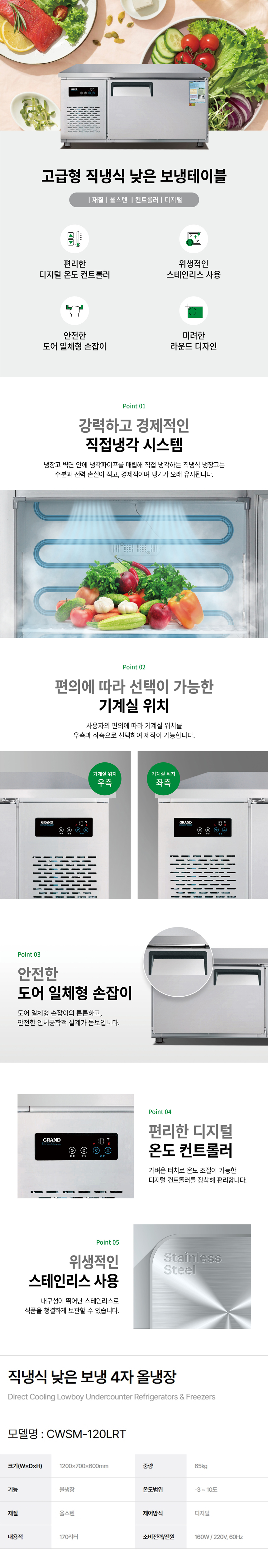 동양렌탈 CWSM-120LRT 그랜드우성 4자 업소용 직냉식 올냉장 낮은 보냉테이블 냉장고 상세이미지 1