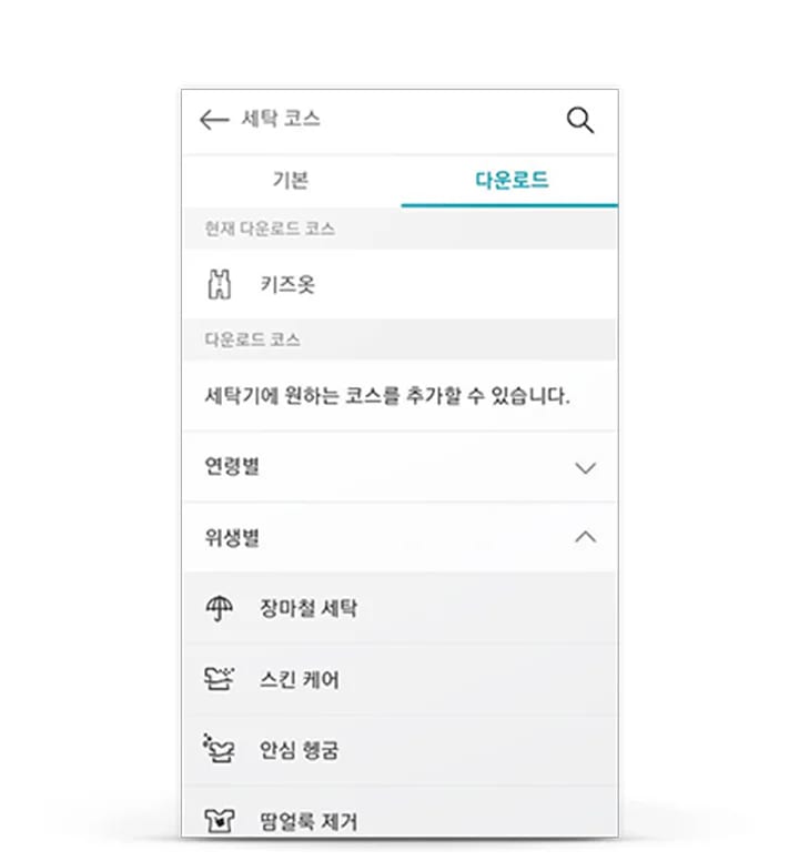 세탁 코스 메뉴 화면이 보입니다. 기본과 다운로드 탭이 있으며, 현재 다운로드 코스로 키즈옷이 표시되어 있습니다. 다운로드 코스에는 세탁기에 원하는 코스를 추가할 수 있습니다.라는 안내 문구가 있습니다. 연령별과 위생별로 분류된 코스가 있으며, 장마철 세탁, 스킨 케어, 안심 헹굼, 먼지 제거 등의 옵션이 나열되어 있습니다.