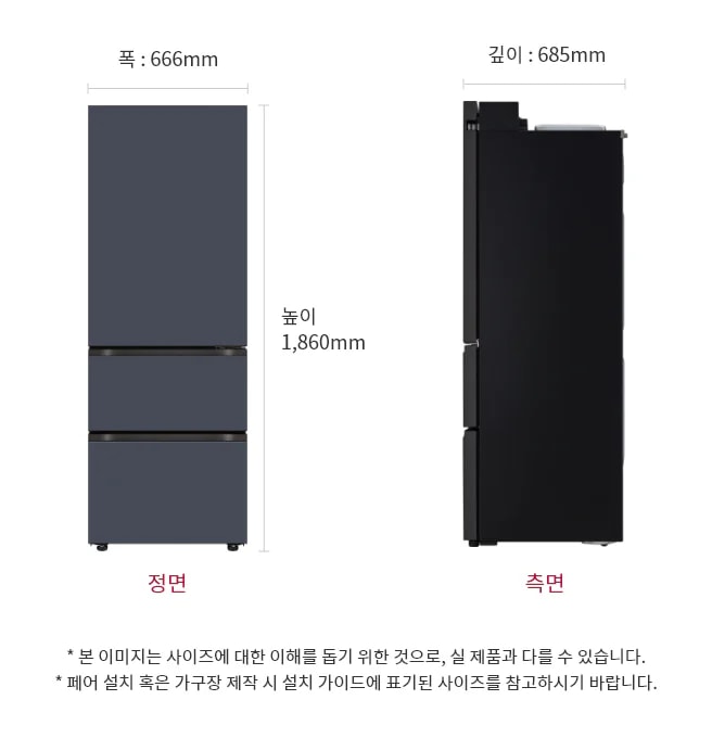이 이미지는 LG 냉장고의 크기를 보여주는 정면 및 측면 도면으로 냉장고의 높이는 1,860mm, 폭은 666mm, 깊이는 685mm입니다.