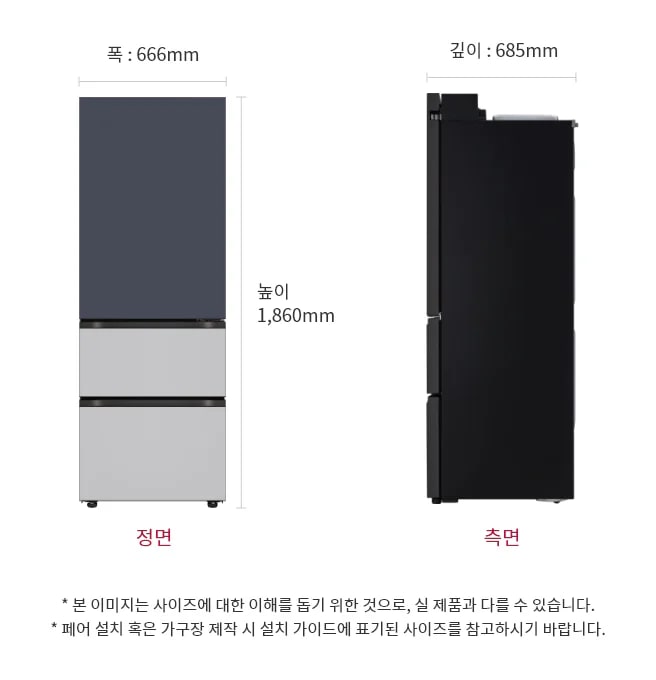 이 이미지는 LG 냉장고의 크기를 보여주는 정면 및 측면 도면으로 냉장고의 높이는 1,860mm, 폭은 666mm, 깊이는 685mm입니다.