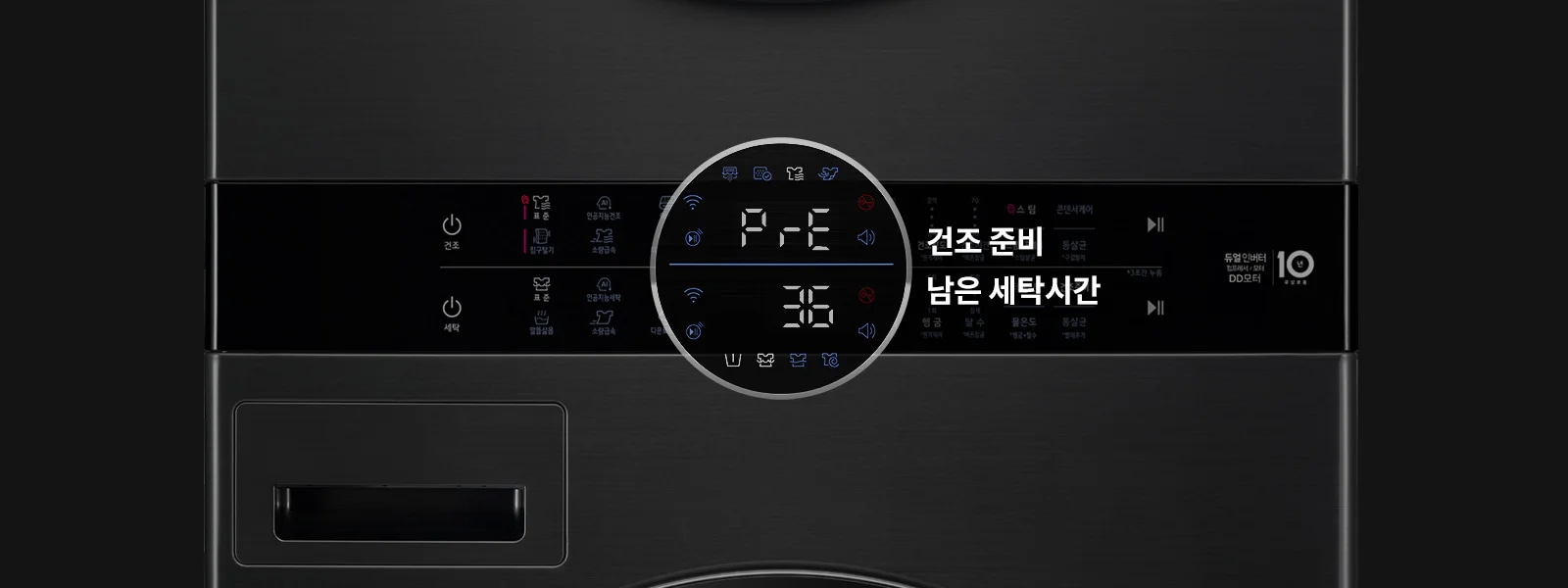 세탁기 조작 패널이 보이며, 디지털 화면에 "PrE"와 "36"이 표시되어 있습니다. 화면 옆에는 "건조 준비"와 "남은 세탁시간"이라는 텍스트가 있습니다. 패널에는 다양한 아이콘과 버튼이 배치되어 있으며, "건조"와 "세탁" 버튼이 보입니다. 배경은 어두운 색상입니다.