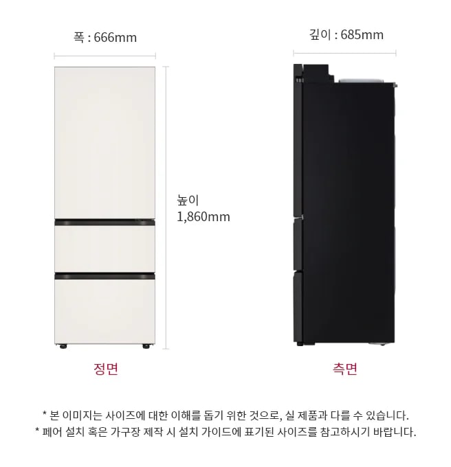 이 이미지는 LG 냉장고의 크기를 보여주는 정면 및 측면 도면으로, 냉장고는 흰색입니다. 냉장고의 높이는 1,860mm, 폭은 666mm, 깊이는 685mm입니다.
