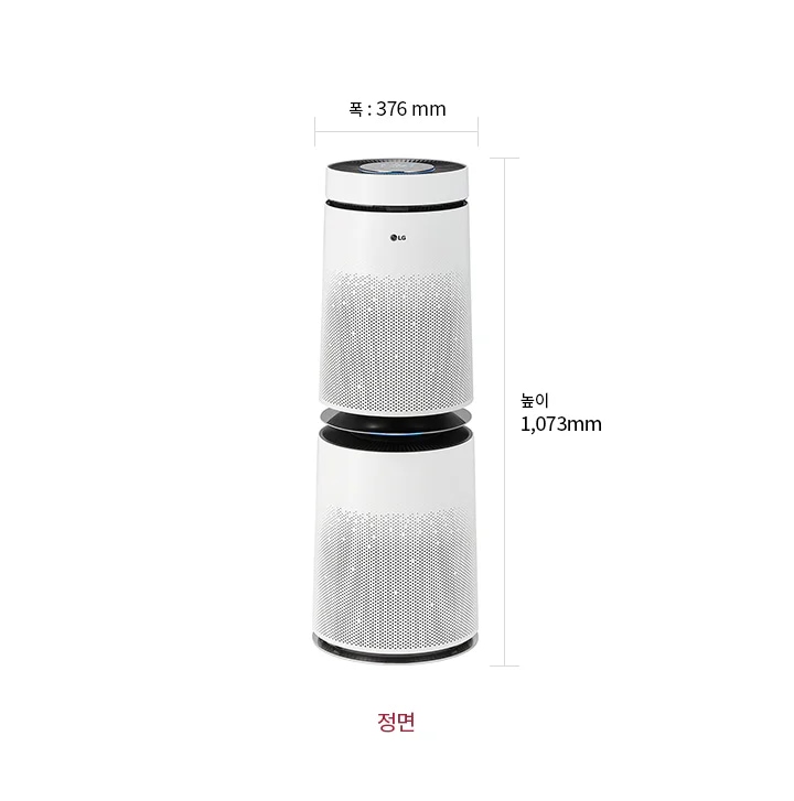 공기청정기 정면 모습이 있으며, 제품의 크기는 폭 376mm, 높이 1,073mm입니다.