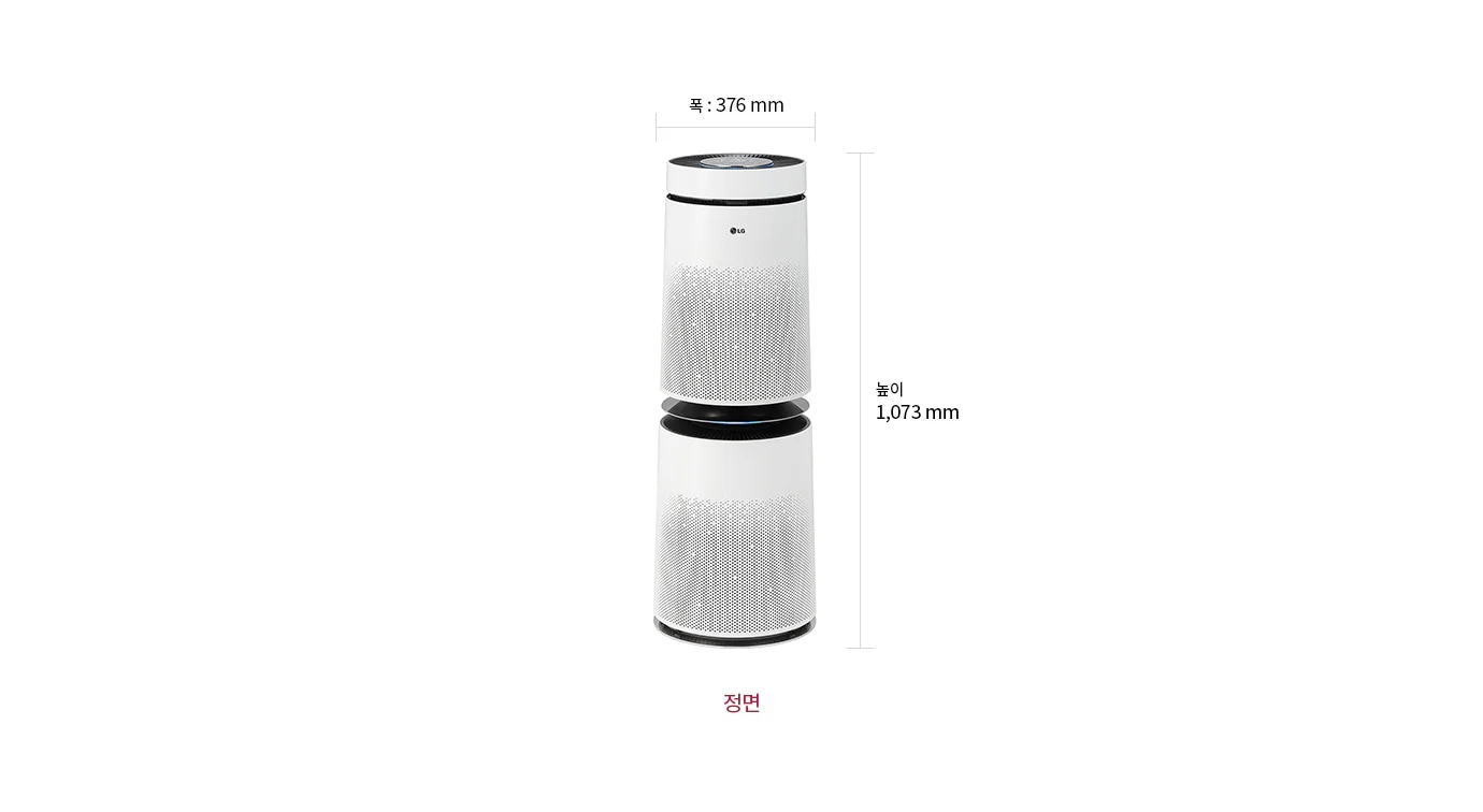 공기청정기 정면 모습이 있으며, 제품의 크기는 폭 375mm, 높이 1,073mm입니다.