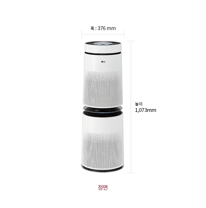 공기청정기 정면 모습이 있으며, 제품의 크기는 폭 375mm, 높이 1,073mm입니다.
