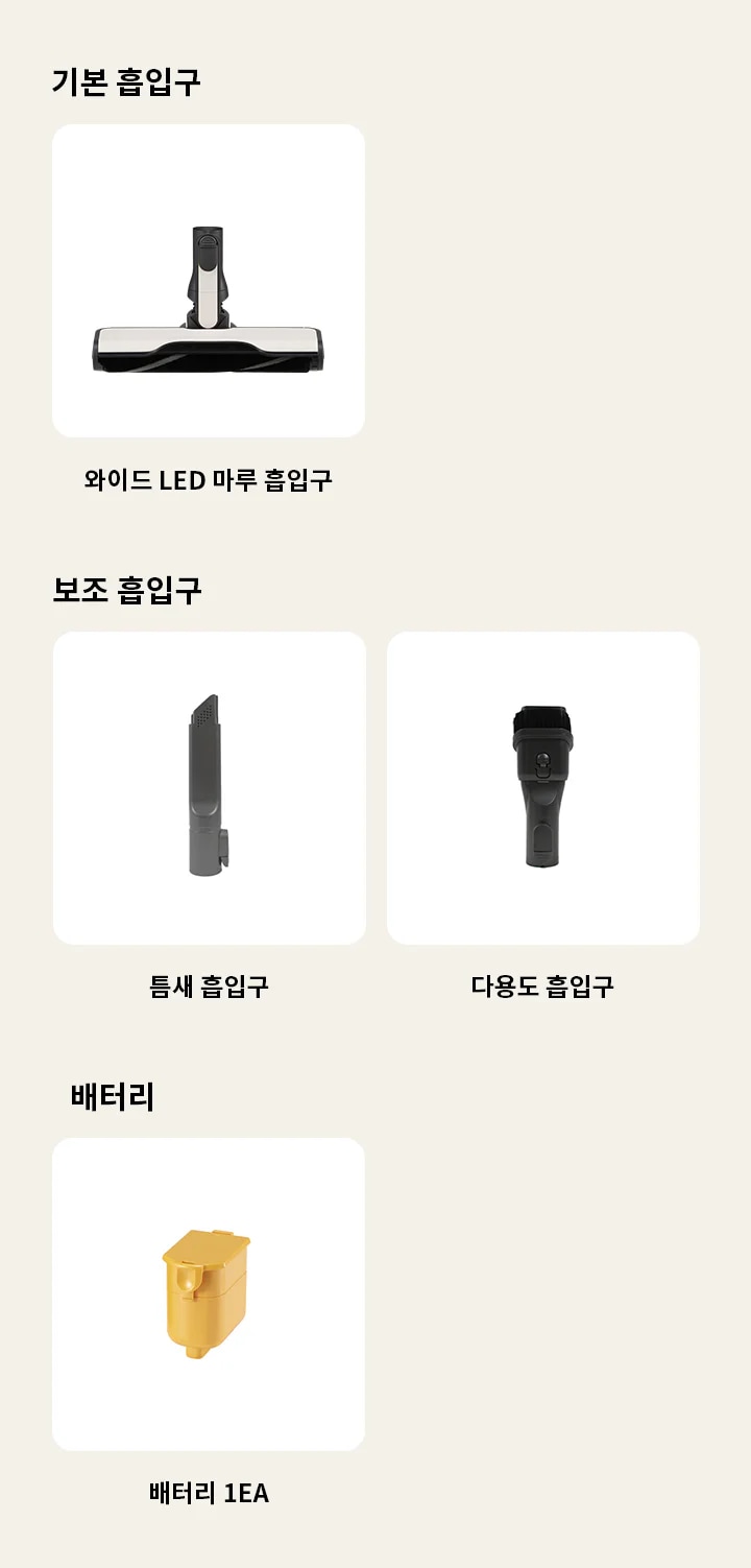 기본 흡입구, 보조 흡입구, 배터리라는 제목 아래 각각의 이미지가 있습니다. 기본 흡입구에는 와이드 LED 마루 흡입구가 있고, 보조 흡입구에는 틈새 흡입구와 다용도 흡입구가 있습니다. 배터리에는 배터리라는 설명이 있는 노란색 배터리 이미지가 있습니다. 