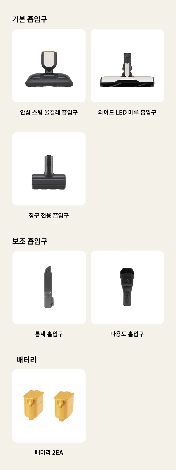 이미지에는 다양한 종류의 흡입구와 배터리가 나열되어 있습니다. 기본 흡입구로는 안심 스팀 물걸레 흡입구, 와이드 LED 마루 흡입구, 침구 전용 흡입구가 있습니다. 보조 흡입구로는 틈새 흡입구, 다용도 흡입구가 포함되어 있으며, 배터리는 배터리 2EA로 표시되어 있습니다. 각 제품은 개별적으로 배치되어 있습니다.