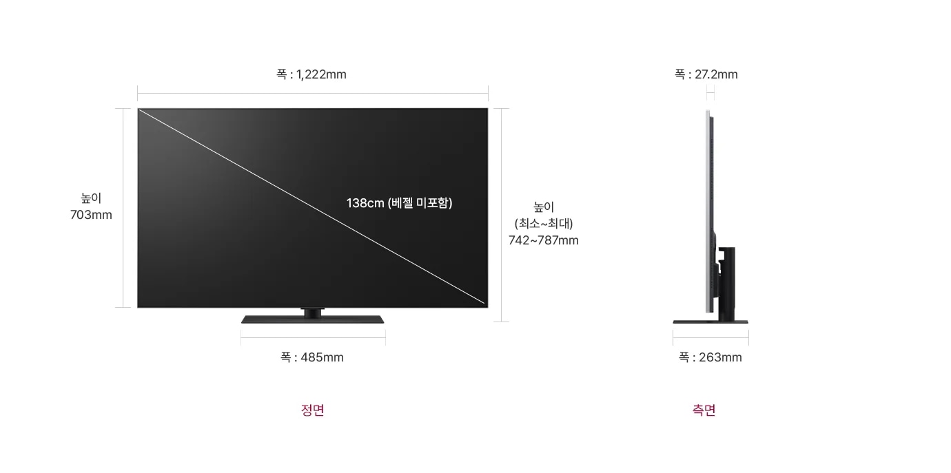 정면에서 본 TV는 폭 1,222mm, 높이 703mm, 베젤을 제외한 대각선의 길이는 138cm입니다. 스탠드를 포함한 높이는 742mm~787mm, 스탠드의 폭은 485mm 입니다. 제품의 측면에서는 제품의 폭 27.2mm와 스탠드 포함된 폭 263mm을 표시합니다.