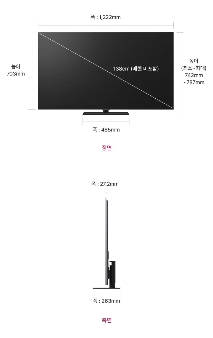 정면에서 본 TV는 폭 1,222mm, 높이 703mm, 베젤을 제외한 대각선의 길이는 138cm입니다. 스탠드를 포함한 높이는 742mm~787mm, 스탠드의 폭은 485mm 입니다. 제품의 측면에서는 제품의 폭 27.2mm와 스탠드 포함된 폭 263mm을 표시합니다.