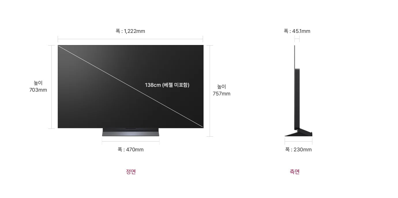 정면에서 본 TV는 폭 1,222mm, 높이 703mm, 베젤을 제외한 대각선의 길이는 138cm입니다. 스탠드를 포함한 높이는 757mm, 스탠드의 폭은 470mm 입니다. 제품의 측면에서는 제품의 폭 45.1mm와 스탠드 포함된 폭 230mm을 표시합니다.
