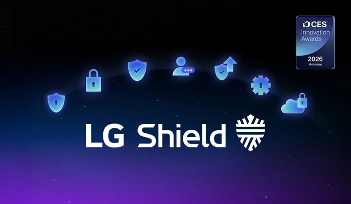 LG Shield 로고를 중심으로 안전한 데이터 저장, 보안 암호 알고리즘 등 7가지 핵심 보안 기술을 아이콘으로 보여주며, 우측 상단에는 보안 기술의 우수성을 증명하는 'CES Innovation Awards 2026' 수상 엠블럼이 나타나 있습니다.