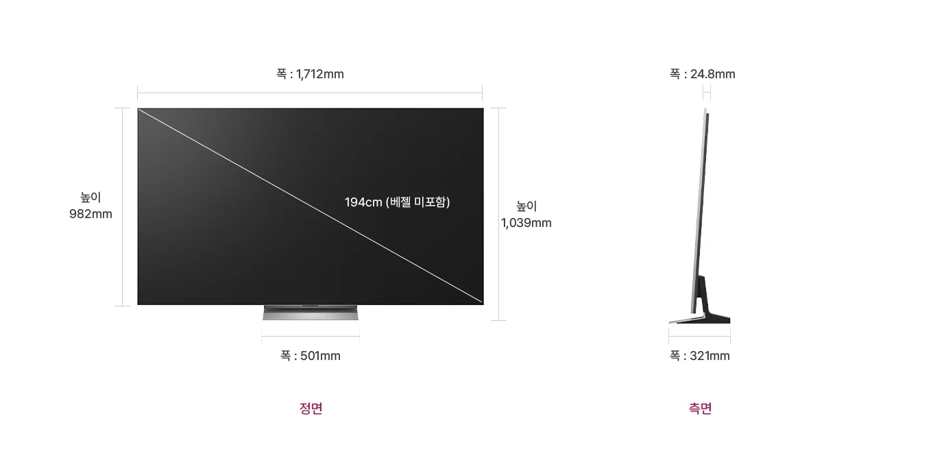 정면에서 본 TV는 폭 1,712mm, 높이 982mm, 베젤을 제외한 대각선의 길이는 194cm입니다. 스탠드를 포함한 높이는 1,039mm, 스탠드의 폭은 501mm 입니다. 제품의 측면에서는 제품의 폭 24.8mm와 스탠드 포함된 폭 321mm을 표시합니다.