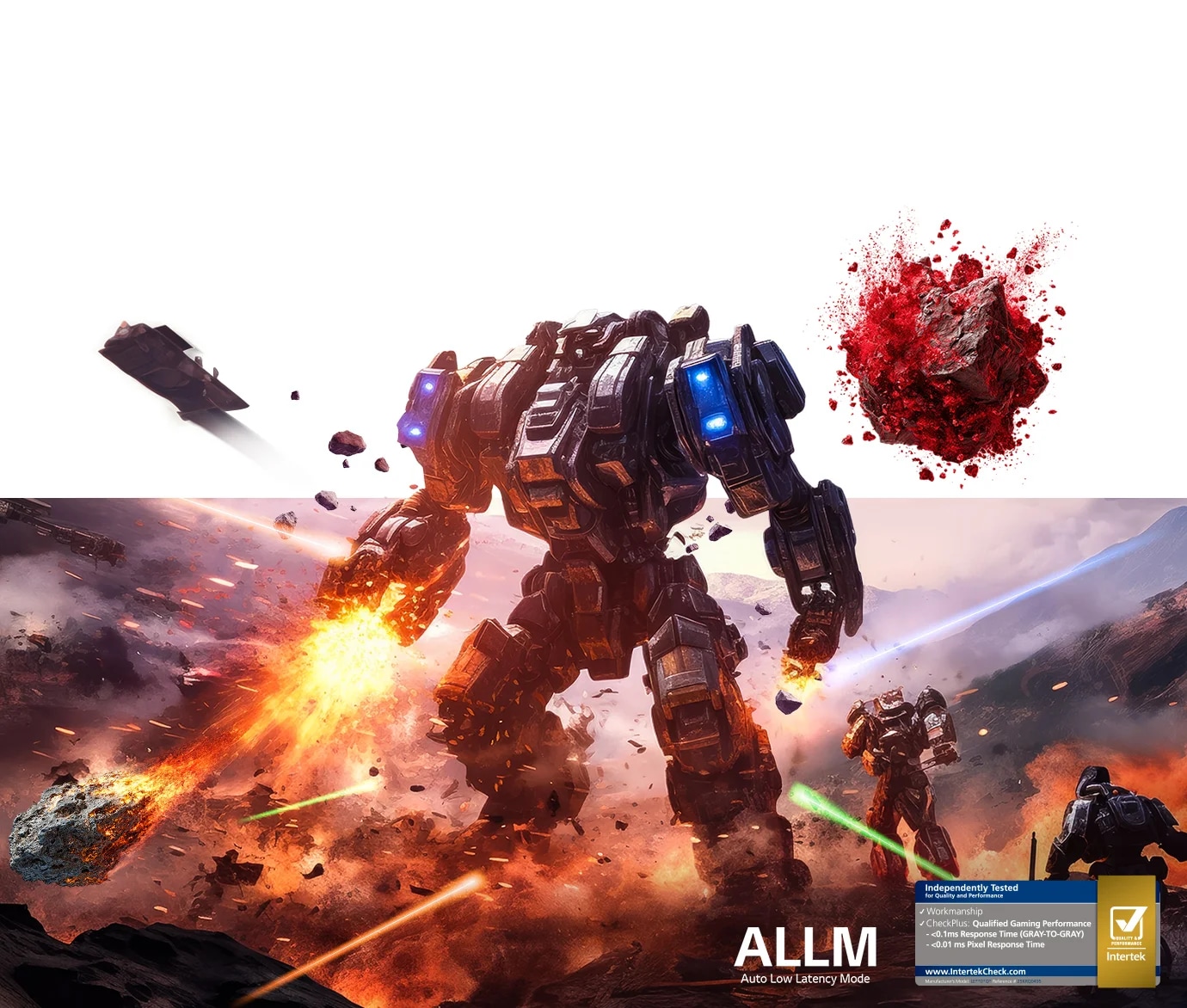 거대 로봇들이 전투를 벌이는 역동적인 게임 화면에 'ALLM(Auto Low Latency Mode)' 문구가 적혀 있으며, 'Intertek'으로부터 인증받은 0.1ms 미만의 빠른 응답 속도 사양이 표시되어 지연 없는 게임 환경을 강조하는 이미지입니다.