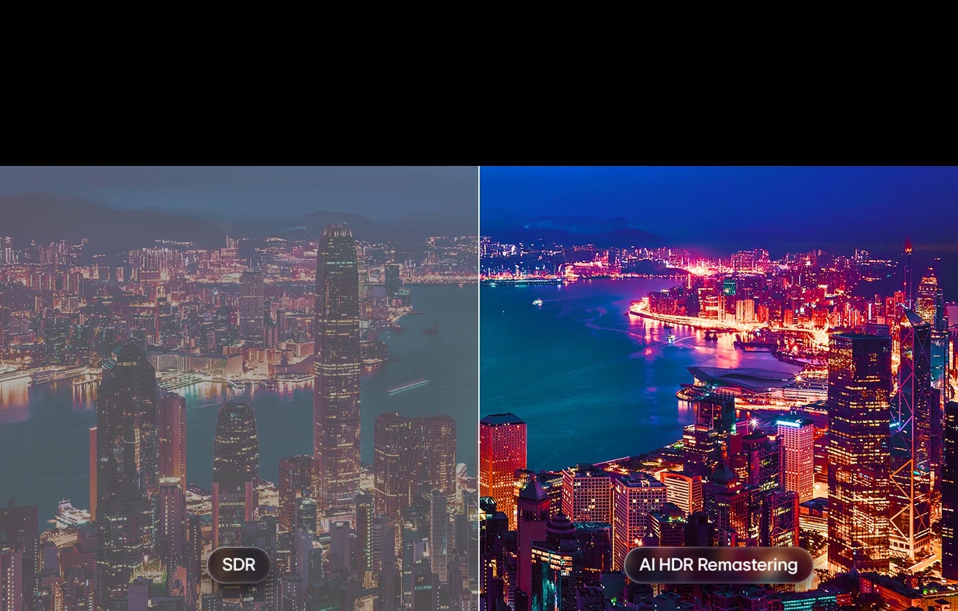 AI HDR 리마스터링이 적용된 화면에서 도시 야경을 좌우 분할로 비교하며, 왼쪽의 SDR과 오른쪽의 AI HDR 리마스터링을 대조해 보여주는 이미지입니다. 더 밝은 도시의 불빛과 깊어진 대비, 장면 전체에 걸친 생생한 디테일을 강조합니다.