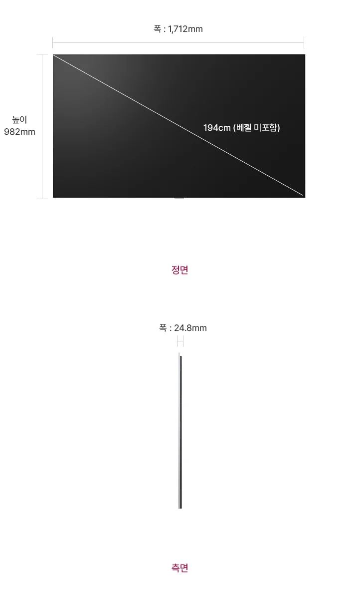 정면에서 본 TV는 폭 1,712mm, 높이 982mm, 베젤을 제외한 대각선의 길이는 194cm입니다. 제품의 측면에서는 폭 24.8mm을 표시합니다.