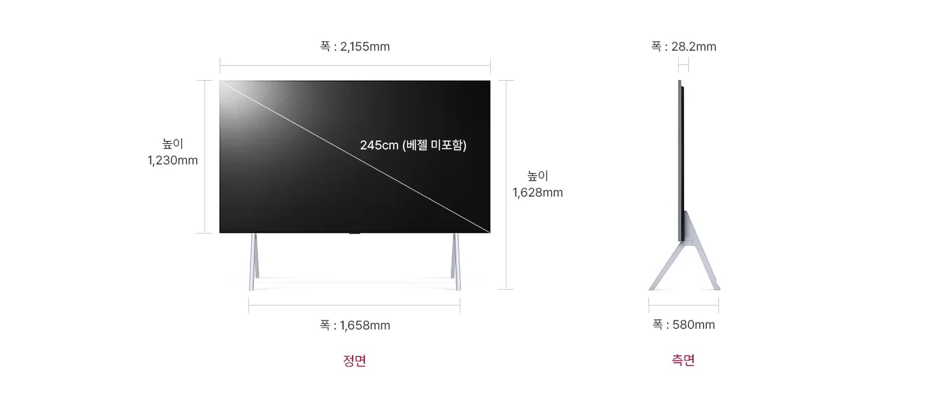 정면에서 본 TV는 폭 2,155mm, 높이 1,230mm, 베젤을 제외한 대각선의 길이는 245cm입니다. 스탠드를 포함한 높이는 1,628mm, 스탠드의 폭은 1,658mm 입니다. 제품의 측면에서는 제품의 폭 28.2mm와 스탠드 포함된 폭 580mm을 표시합니다.
