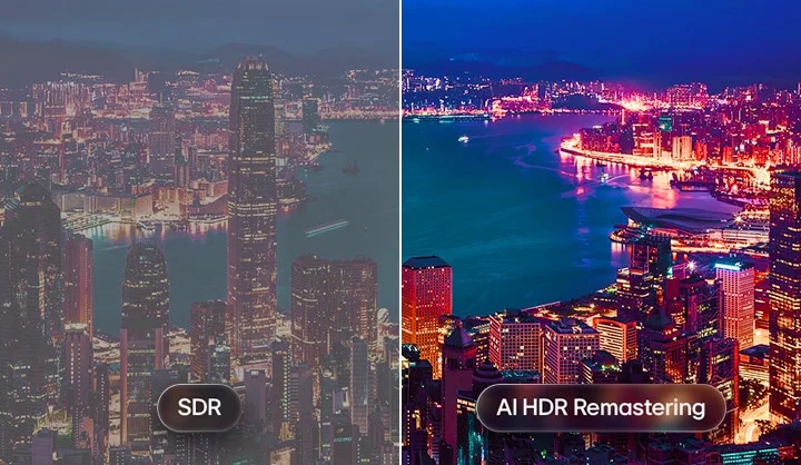 AI HDR 리마스터링이 적용된 화면에서 도시 야경을 좌우 분할로 비교하며, 왼쪽의 SDR과 오른쪽의 AI HDR 리마스터링을 대조해 보여주는 이미지입니다. 더 밝은 도시의 불빛과 깊어진 대비, 장면 전체에 걸친 생생한 디테일을 강조합니다.