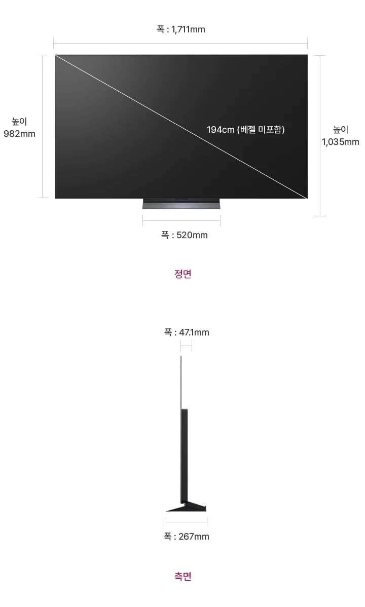 정면에서 본 TV는 폭 1,711mm, 높이 982mm, 베젤을 제외한 대각선의 길이는 194cm입니다. 스탠드를 포함한 높이는 1,035mm, 스탠드의 폭은 520mm 입니다. 제품의 측면에서는 제품의 폭 47.1mm와 스탠드 포함된 폭 267mm을 표시합니다.