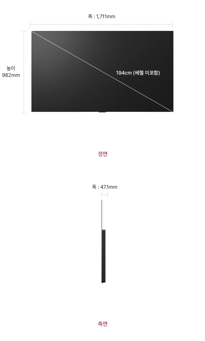 정면에서 본 TV는 폭 1,711mm, 높이 982mm, 베젤을 제외한 대각선의 길이는 194cm입니다. 제품의 측면에서는 폭 47.1mm을 표시합니다.