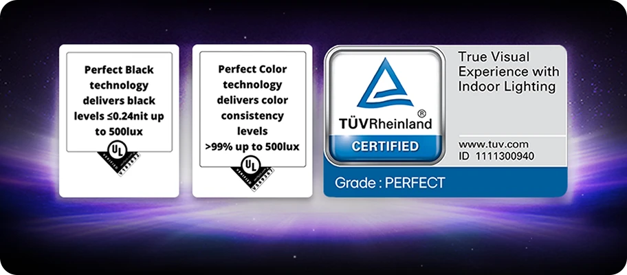 Perfect Black 및 Perfect Color 디스플레이 기능에 대해 UL 검증 및 TUV 인증 로고가 표시되어 있습니다.
