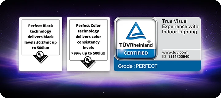 Perfect Black 및 Perfect Color 디스플레이 기능에 대해 UL 검증 및 TUV 인증 로고가 표시되어 있습니다.