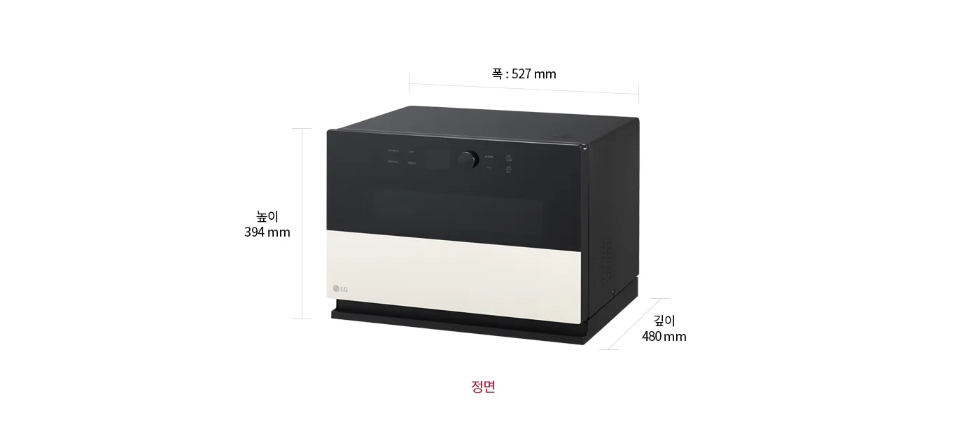 LG 광파오븐의 정면 이미지입니다. 폭 527mm, 높이 394mm, 깊이 480mm로 표시되어 있습니다.