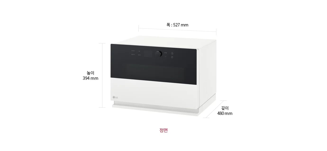 오븐의 전면에는 검은색 패널이 있으며, 그 위에 조작 버튼과 디스플레이가 위치해 있습니다. 제품의 크기는 폭 527mm, 높이 394mm, 깊이 480mm로 표시되어 있습니다.