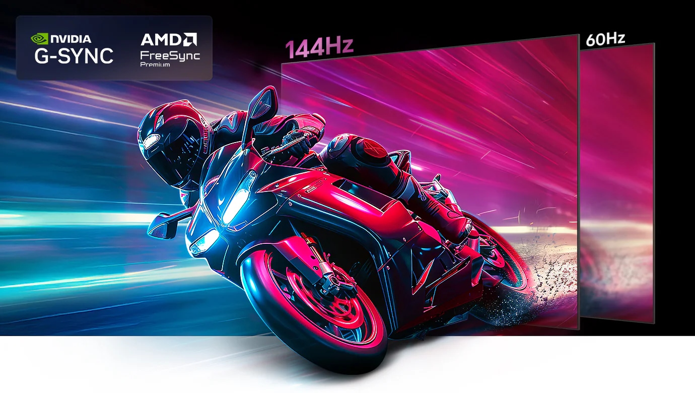 4K 144Hz 기반의 압도적인 게임 플레이를 보여주며, 붉은 색의 오토바이가 질주하는 이미지입니다. 화면 상단에는 NVIDIA G-SYNC와 AMD FreeSync Premium 로고, 60Hz와 144Hz가 함께 표시됩니다.