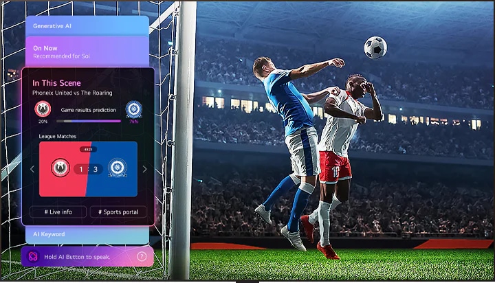 AI 컨시어지를 통한 스포츠 예측 기능이 적용된 화면에서 실시간 축구 경기와 함께 AI 패널이 나타나며, 승부 예측, 경기 분석 및 리그 데이터를 표시합니다. 이는 AI가 경기를 분석하여 결과를 예측하는 방식을 보여주는 이미지입니다.