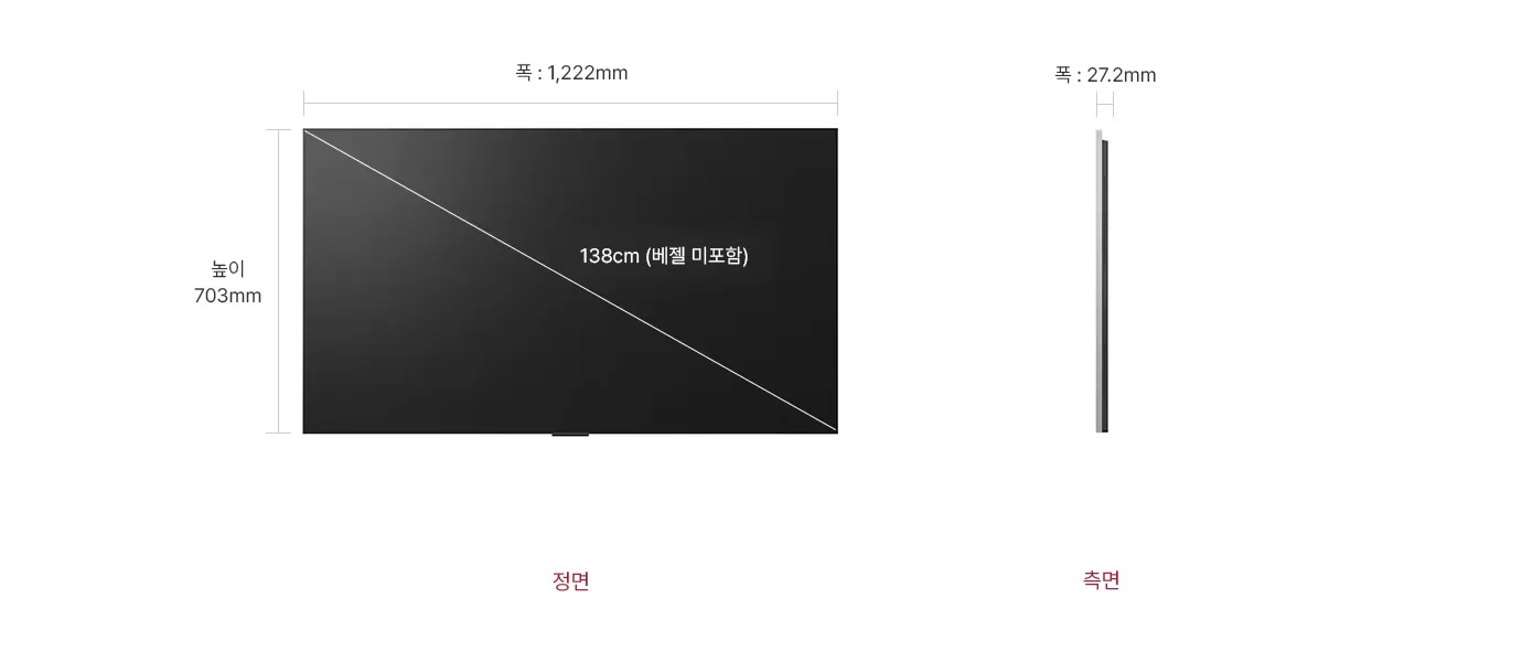 정면에서 본 TV는 폭 1,222mm, 높이 703mm, 베젤을 제외한 대각선의 길이는 138cm입니다. 제품의 측면에서는 폭 27.2mm을 표시합니다.