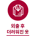 원 안에 양복 아이콘이 있으며, 아래에 외출 후 더러워진 옷이라는 문구가 있습니다.