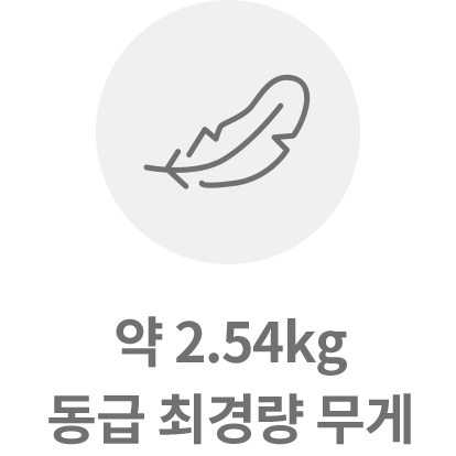 깃털 아이콘이 있으며, 약 2.54kg 동급 최경량 무게라는 텍스트가 포함되어 있습니다.