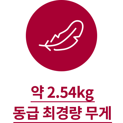 깃털 아이콘이 있으며, 약 2.54kg 동급 최경량 무게라는 텍스트가 포함되어 있습니다.