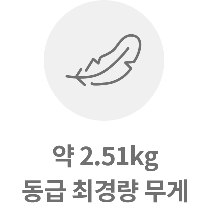 깃털 아이콘이 있으며, 약 2.51kg 동급 최경량 무게라는 텍스트가 포함되어 있습니다.