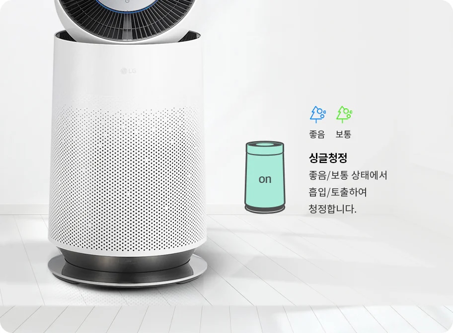 공기청정기 하단부가 보입니다. 좋음, 보통 싱글 청정은 좋음/보통 상태에서 흡입/토출하여 청정합니다.
