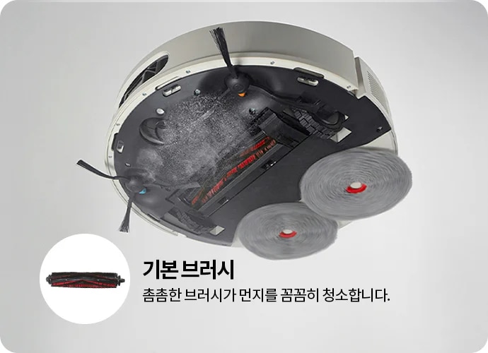 로봇 청소기의 하단 모습이 보이며, 두 개의 회전 브러시와 먼지를 청소하는 기본 브러시가 있습니다. 작은 원 안에는 기본 브러시의 확대 이미지가 포함되어 있습니다. 텍스트로 기본 브러시와 촘촘한 브러시가 먼지를 꼼꼼히 청소합니다.라는 설명이 있습니다.
