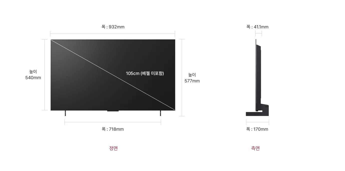 정면에서 본 TV는 폭 932mm, 높이 540mm, 베젤을 제외한 대각선의 길이는 105cm입니다. 스탠드를 포함한 높이는 577mm, 스탠드의 폭은 718mm 입니다. 제품의 측면에서는 제품의 폭 41.1mm와 스탠드 포함된 폭 170mm을 표시합니다.