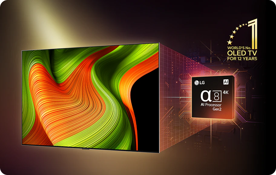 화려한 색상의 추상적인 패턴이 화면에 표시된 OLED TV 이미지입니다. TV 옆에는 LG &alpha;8 4K AI Processor Gen2이라는 텍스트가 있는 프로세서 이미지가 있으며, 그 위에는 WORLD'S No.1 OLED TV FOR 12 YEARS라는 문구가 있습니다. TV와 프로세서 이미지 사이에는 디지털 그래픽 요소가 포함되어 있습니다.