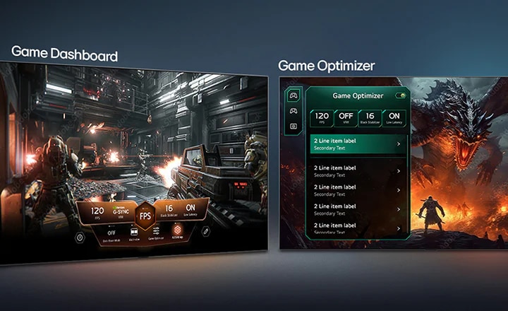 게임 대시보드(Game Dashboard) 및 옵티마이저(Game Optimizer)적용된 화면에서 게임 화면을 나란히 보여주며, 주사율, 지연 시간, 화질 모드 등의 게임 설정을 실시간으로 조정할 수 있는 온스크린 메뉴가 나타나는 이미지입니다.