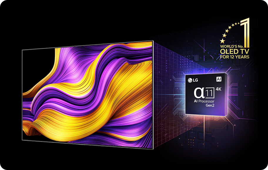 이미지에는 LG OLED TV의 광고가 포함되어 있습니다. 화면에는 보라색과 노란색의 물결무늬가 표현되어 있으며, 오른쪽에는 'LG &alpha;11 4K AI Processor Gen2'라는 텍스트가 있는 프로세서 이미지가 있습니다. 상단에는 'WORLD'S No. 1 OLED TV FOR 12 YEARS'라는 문구가 별 모양과 함께 표시되어 있습니다. 배경은 어두운 색상으로 되어 있습니다.