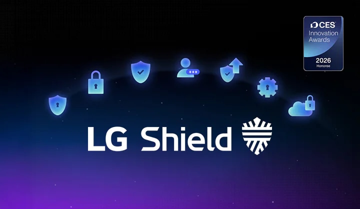 LG Shield 로고를 중심으로 안전한 데이터 저장, 보안 암호 알고리즘 등 7가지 핵심 보안 기술을 아이콘으로 보여주며, 우측 상단에는 보안 기술의 우수성을 증명하는 'CES Innovation Awards 2026' 수상 엠블럼이 나타나 있습니다.