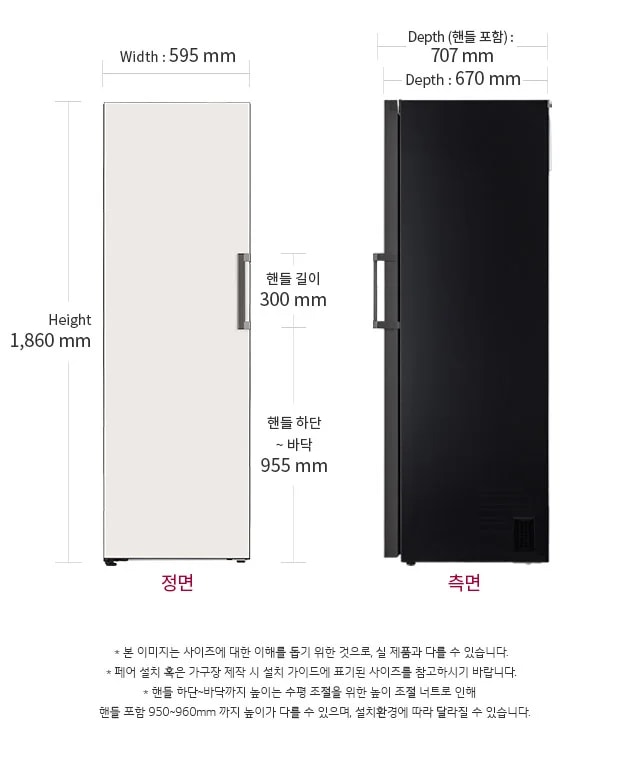 측면은 검정색으로 깊이(핸들 포함) 707mm, 깊이 670mm로 나타나 있습니다.
