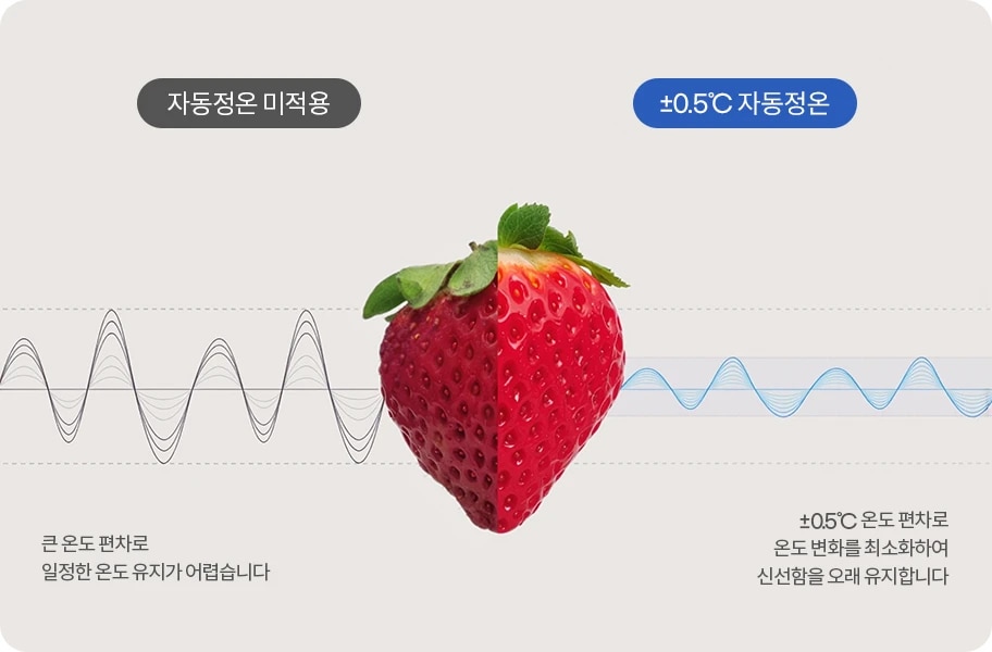 자동정온 미적용과 +0.5℃ 자동정온이 비교된 이미지입니다. 딸기가 있고, 큰 온도 편차로 일정한 온도유지가 어렵다는 설명과 함께 불규칙한 파형이 있습니다. ±0.5℃ 온도편차로 온도 변화를 최소화하여 신선함을 오래 유지한다는 설명과 함께 안정적인 파형이 나타나 있습니다.