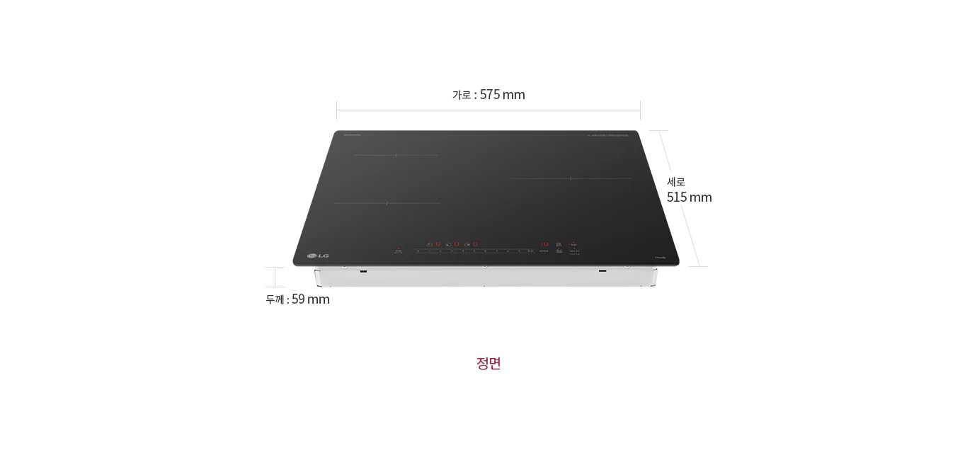인덕션의 크기는 가로 575mm, 세로 515mm, 두께 59mm로 표시되어 있습니다. 상판에는 네 개의 조리 구역이 있으며, 하단 중앙에는 빨간색으로 표시된 터치식 조작 버튼들이 있습니다. 인덕션의 정면 모습이 강조되어 있습니다.